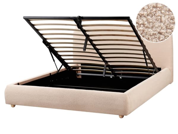 Seng med Oppbevaring Beige Bouclé 160 x 200 cm Sengegavl Minimalistisk Stil Dobbeltseng Soverom