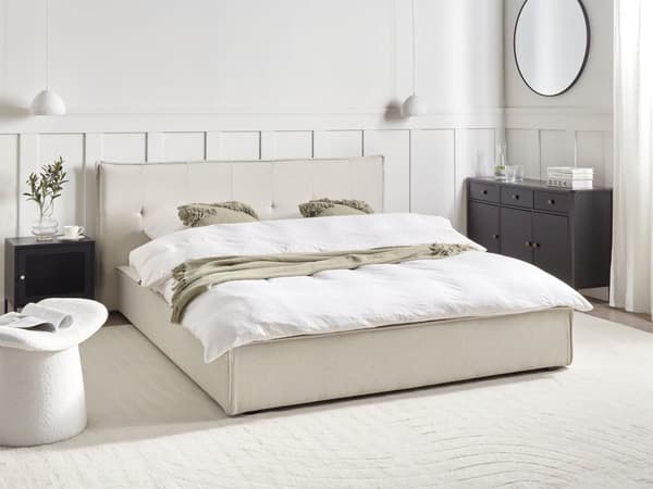 Dobbeltseng Off-white Lin 160 x 200 cm Svarte ben Sengegavl Lamellbunn Vannavvisende stoff Moderne design Sengeramme Soverom