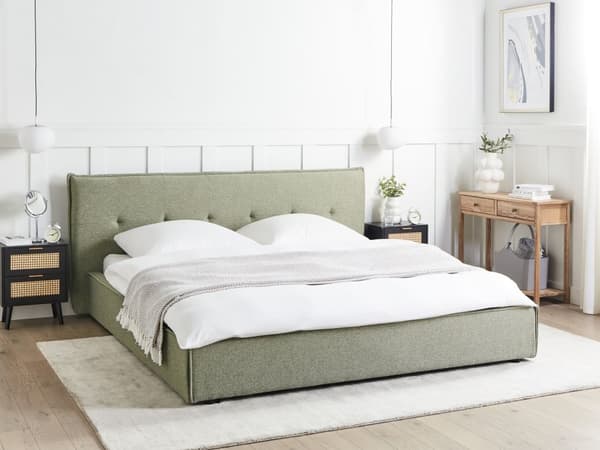 Dobbeltseng Grønn Lin 180 x 200 cm Svarte ben Sengegavl Lamellbunn Vannavvisende stoff Moderne design Sengeramme Soverom
