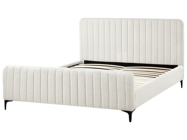 Seng Hvid Boucle 160 x 200 cm Ribbet Dobbeltseng med Sengegavl To Mands Kvalitetseng Sengeramme Moderne Design