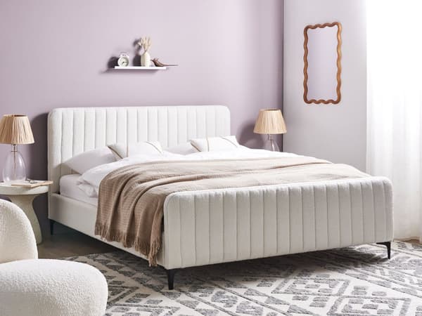 Seng Hvid Boucle 160 x 200 cm Ribbet Dobbeltseng med Sengegavl To Mands Kvalitetseng Sengeramme Moderne Design