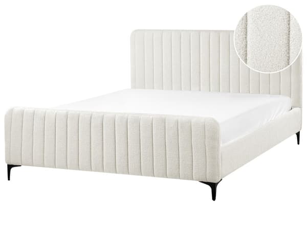 Seng Hvid Boucle 160 x 200 cm Ribbet Dobbeltseng med Sengegavl To Mands Kvalitetseng Sengeramme Moderne Design