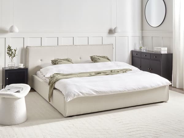 Seng Off White Boucle 180 x 200 cm Dobbeltseng med Sengegavl To Mands Kvalitetseng Uden Ben Sengeramme Moderne Design