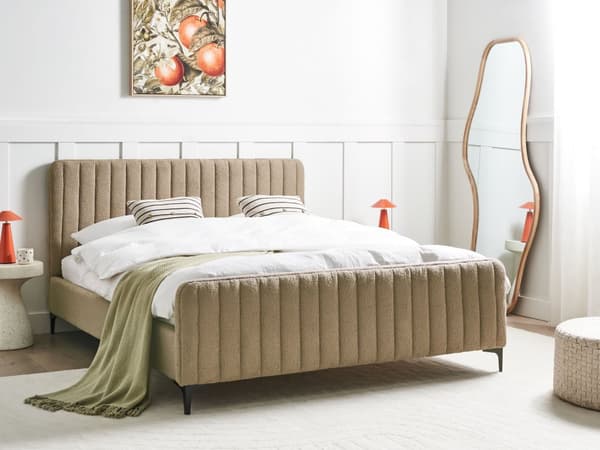 Seng Taupe Boucle 160 x 200 cm Ribbet Dobbeltseng med Sengegavl To Mands Kvalitetseng Sengeramme Moderne Design
