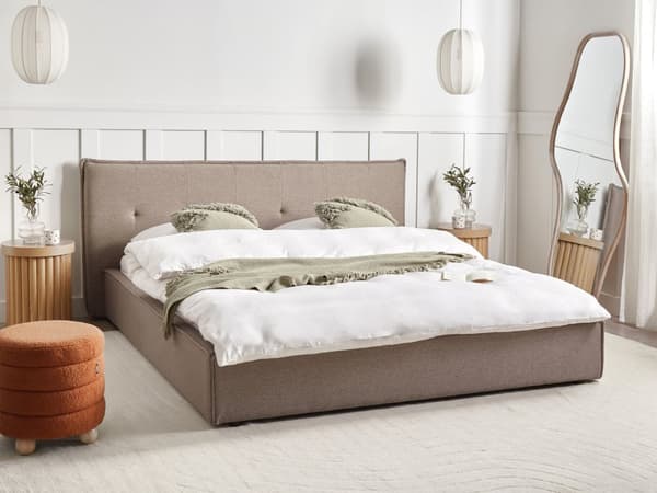 Seng Taupe Hør 180 x 200 cm Dobbeltseng med Sengegavl To Mands Kvalitetseng Uden Ben Sengeramme Moderne Design