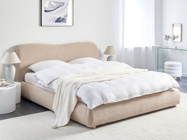 Seng Beige Boucle 180 x 200 cm Moderne To Mands Seng med Opbevaring Blød Sengegavl Dobbeltseng Sengeramme uden Ben Retro Design