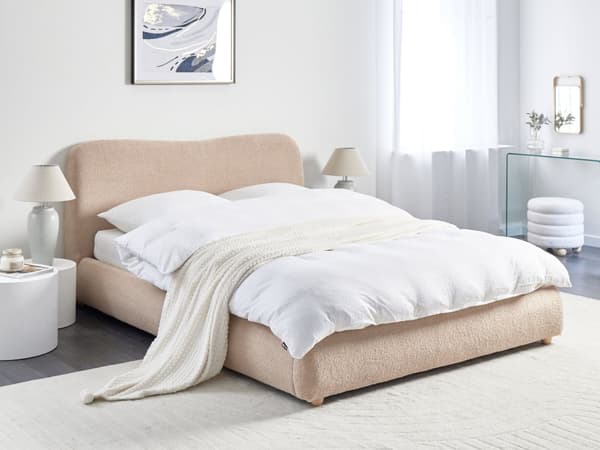 Seng Beige Boucle 160 x 200 cm Moderne To Mands Seng med Opbevaring Blød Sengegavl Dobbeltseng Sengeramme uden Ben Retro Design
