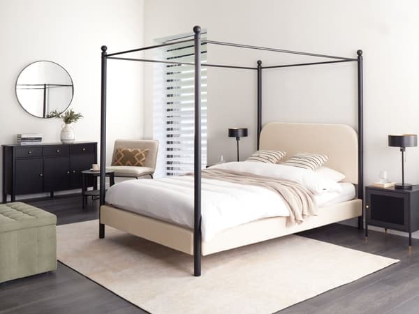 Sengeramme med Baldakin Svart Metall Beige Trekk 140 x 200 cm Retro Minimalistisk