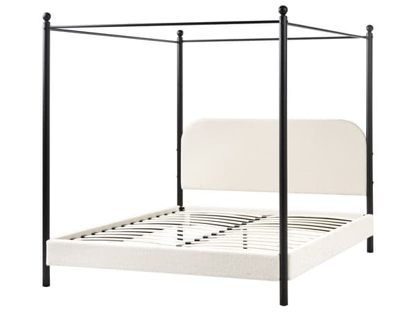 Sengeramme med Baldakin Svart Metall Off White Boucle Trekk 160 x 200 cm Retro Minimalistisk