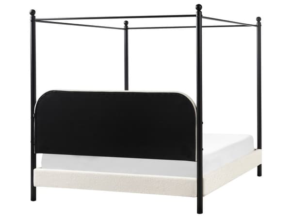 Sengeramme med Baldakin Svart Metall Off White Boucle Trekk 160 x 200 cm Retro Minimalistisk