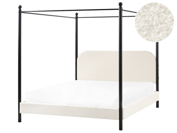 Sengeramme med Baldakin Svart Metall Off White Boucle Trekk 160 x 200 cm Retro Minimalistisk