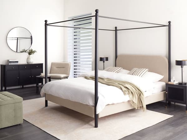 Sengeramme med Baldakin Svart Metall Taupe Boucle Trekk 160 x 200 cm Retro Minimalistisk