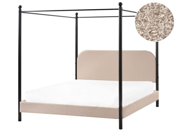 Sengeramme med Baldakin Svart Metall Taupe Boucle Trekk 160 x 200 cm Retro Minimalistisk