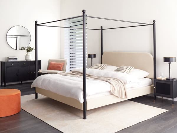 Sengeramme med Baldakin Svart Metall Beige Taupe Trekk 180 x 200 cm Retro Minimalistisk