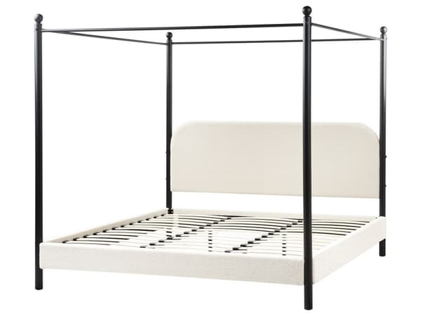 Sengeramme med Baldakin Svart Metall Hvit Taupe Trekk 180 x 200 cm Retro Minimalistisk