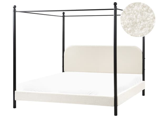 Sengeramme med Baldakin Svart Metall Hvit Taupe Trekk 180 x 200 cm Retro Minimalistisk