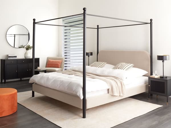 Sengeramme med Baldakin Svart Metall Taupe Trekk 180 x 200 cm Retro Minimalistisk