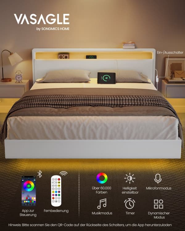 Bedframe 160 × 200 cm-med LED-belysning og USB-opladningsstation