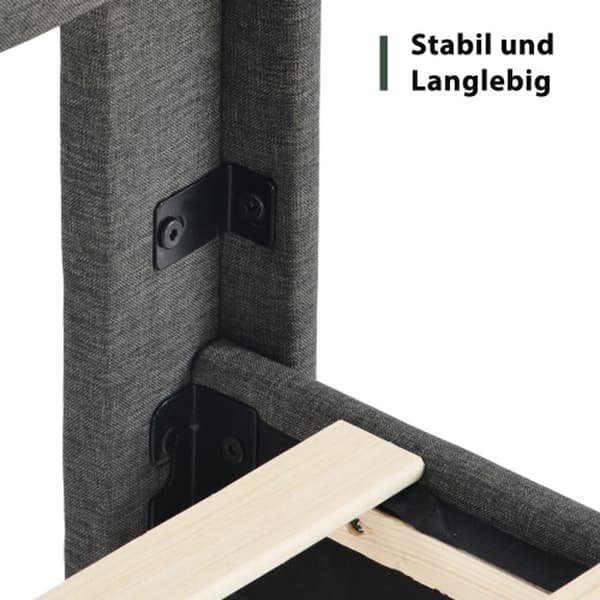 Polstrad säng 90x200cm, sängram med lameller och huvudgavel, dubbelsäng med plysch, överkast i grått linne