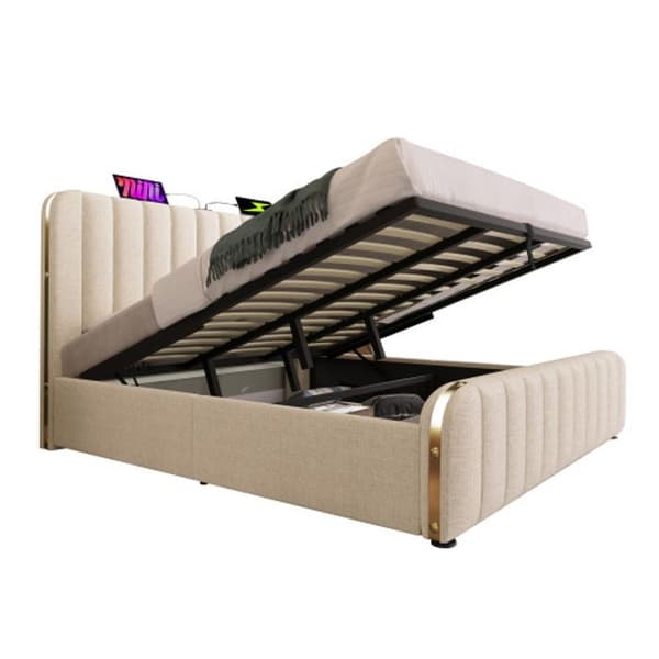 Säng med stoppning och dekorativa guldband, USB 180*200 cm, beige linne, vikt 226 kg (utan madrass)