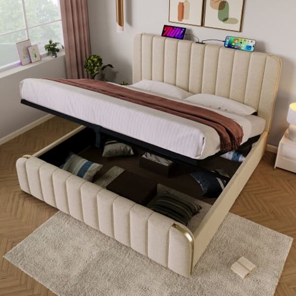 Säng med stoppning och dekorativa guldband, USB 180*200 cm, beige linne, vikt 226 kg (utan madrass)