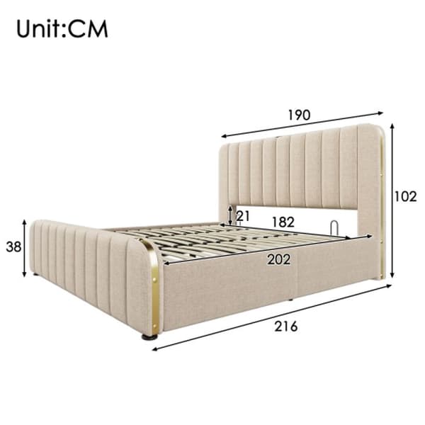 Säng med stoppning och dekorativa guldband, USB 180*200 cm, beige linne, vikt 226 kg (utan madrass)