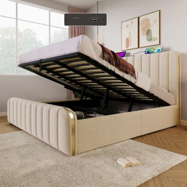Säng med stoppning och dekorativa guldband, USB 180*200 cm, beige linne, vikt 226 kg (utan madrass)
