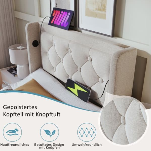 Säng med madrass 90*200 cm, stoppad huvudgavel med USB, LED-funktion på tre sidor (utan madrass)