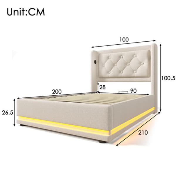 Säng med madrass 90*200 cm, stoppad huvudgavel med USB, LED-funktion på tre sidor (utan madrass)