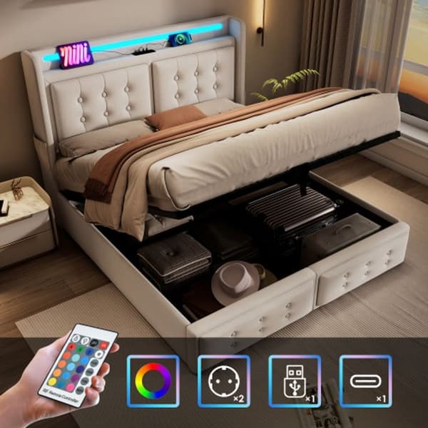 Säng med stoppad ram 140x200, dubbel med LED-huvudgavel och USB C-laddare, kapacitet 300 kg, beige, bomull (utan madrass)