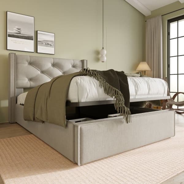 Säng med hydrauliskt lyft 90x200 cm, klädd säng, modern sängram med förvaring, bomull, ljusgrå