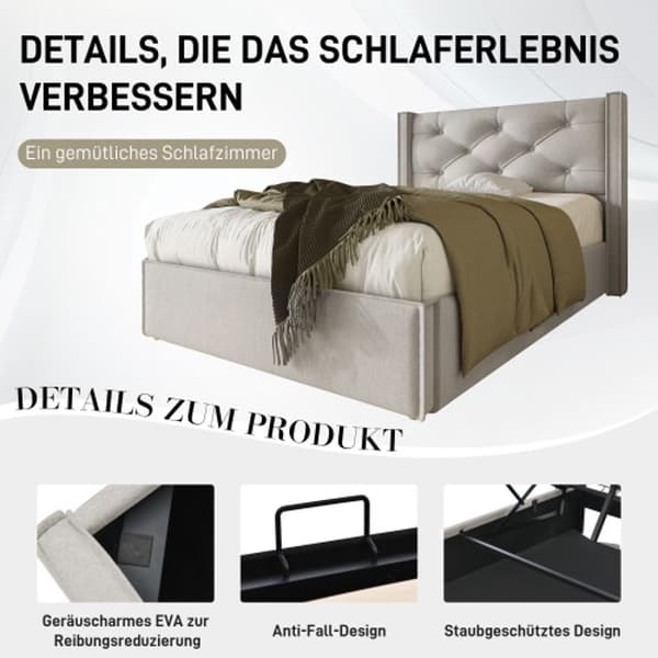 Säng med hydrauliskt lyft 90x200 cm, klädd säng, modern sängram med förvaring, bomull, ljusgrå