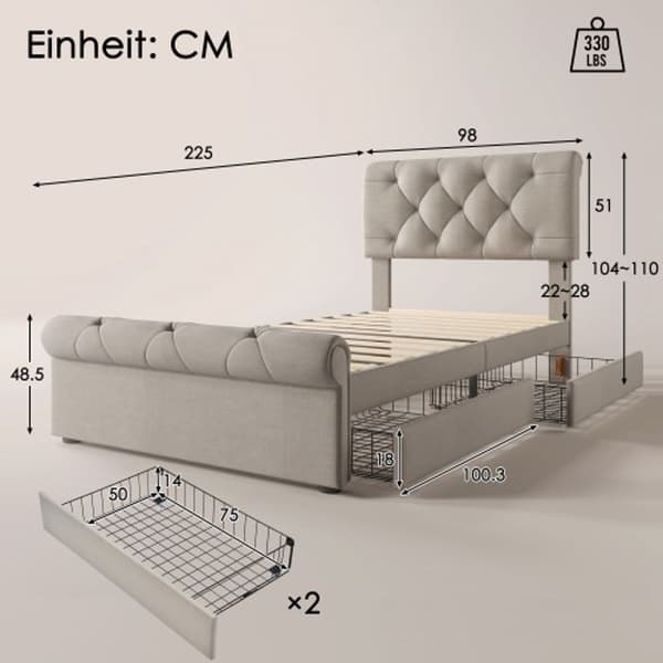 Sängram med 2 lådor, vadderad enkelsäng 90x200 cm, funktionell Chesterfield-säng, naturlig färg, utan madrass