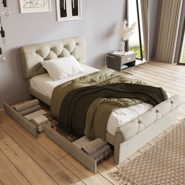 Sängram med 2 lådor, vadderad enkelsäng 90x200 cm, funktionell Chesterfield-säng, naturlig färg, utan madrass