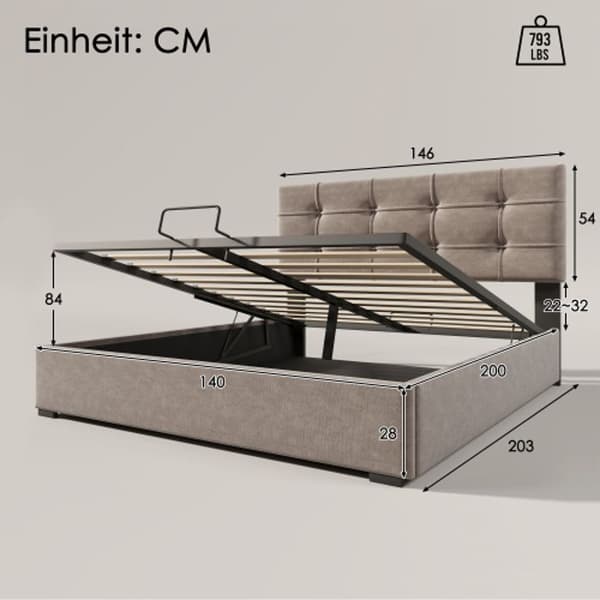 Dubbel säng 140x200 cm med hydraulisk stoppning, justerbar huvudgavel, säng med metallribbsäng, sammet