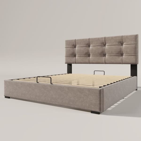 Dubbel säng 140x200 cm med hydraulisk stoppning, justerbar huvudgavel, säng med metallribbsäng, sammet