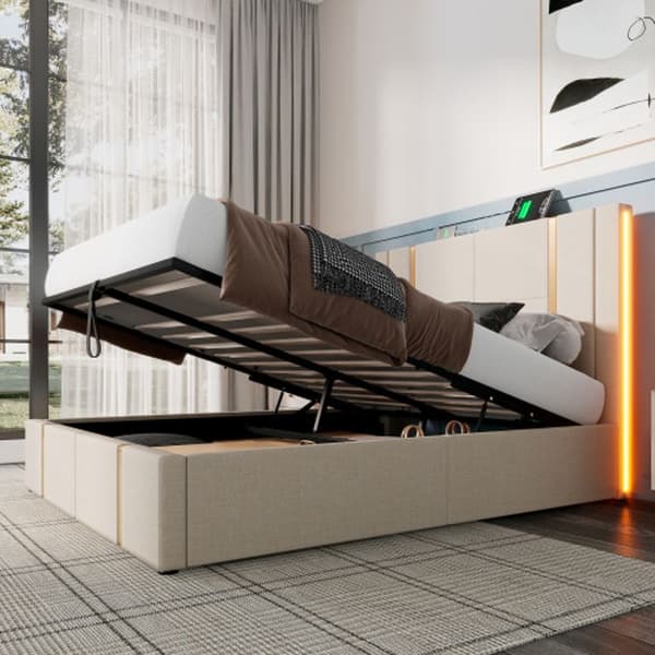 Stoppad säng USB Typ C laddningsfunktion APP kontroll LED 140×200, beige linnetyg (med madrass)