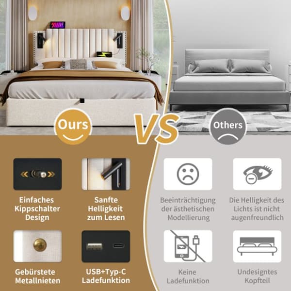Klädd säng 140x200 med USB-laddningsfunktion, med nitad design, ryggstöd med lamellbotten, bomull, beige (med madrass)