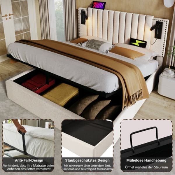 Klädd säng 140x200 med USB-laddningsfunktion, med nitad design, ryggstöd med lamellbotten, bomull, beige (med madrass)