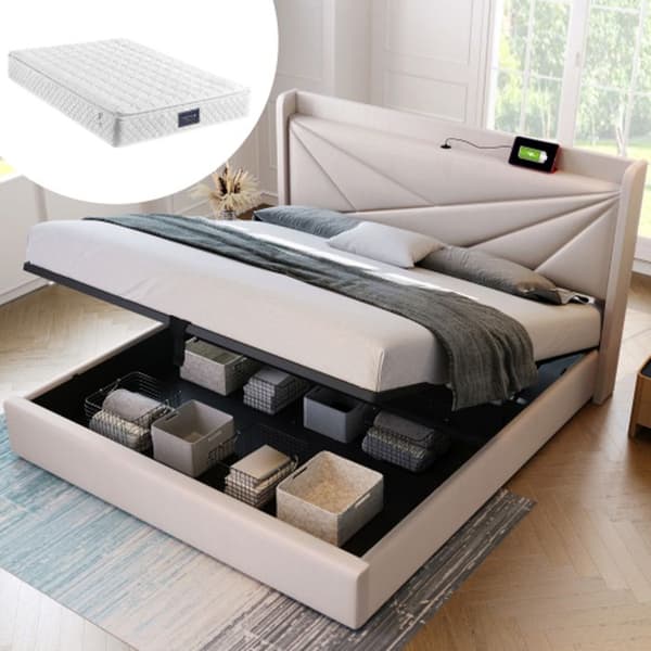 Stoppad säng dubbelsäng förvaringsbox med USB C sänggavel, linne förvaring sängram 140x200, (med madrass)