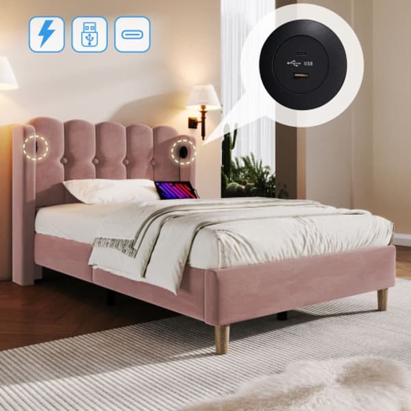 Stoppad säng med USB Type C-laddare, sängram med lamellbotten, rosa stoppad säng, 90 x 200 cm med madrass