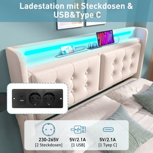 Uppfällbar säng 180x200 med LED-huvudgavel och USB C-laddare, hydraulisk säng, beige, bomull (madrass ingår ej)