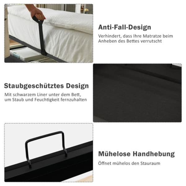 Uppfällbar säng 180x200 med LED-huvudgavel och USB C-laddare, hydraulisk säng, beige, bomull (madrass ingår ej)