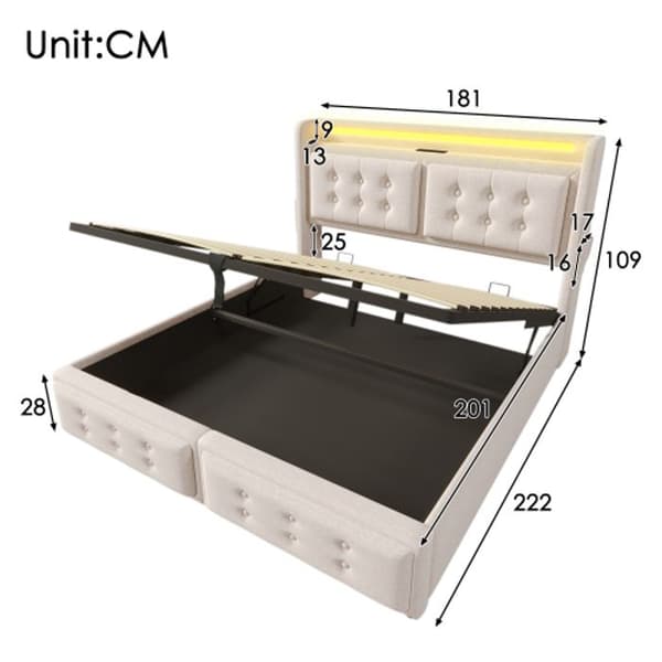 Uppfällbar säng 180x200 med LED-huvudgavel och USB C-laddare, hydraulisk säng, beige, bomull (madrass ingår ej)