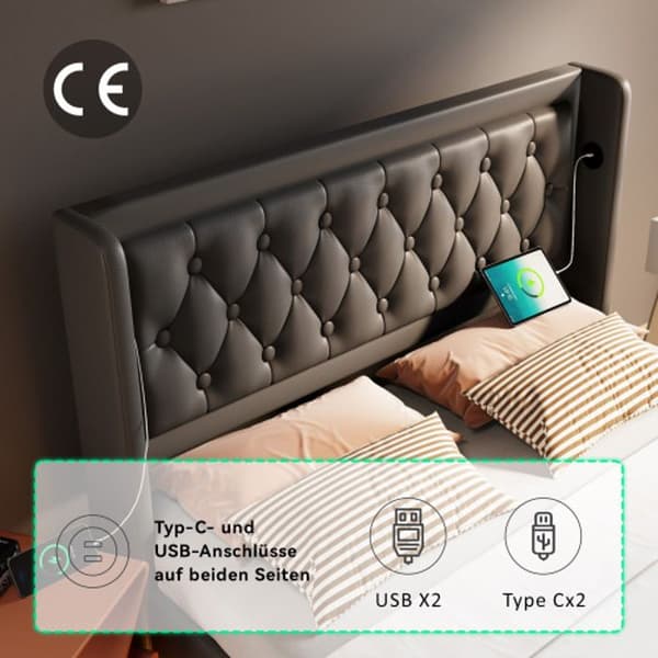 Dubbel säng med knappar, 180*200 cm, svart PU, tuftad huvudgavel, med USB, LED-funktion (madrass ingår ej)