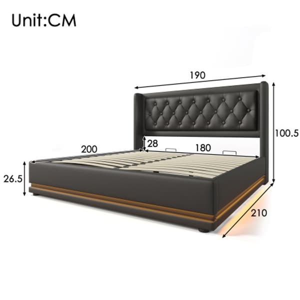 Dubbel säng med knappar, 180*200 cm, svart PU, tuftad huvudgavel, med USB, LED-funktion (madrass ingår ej)
