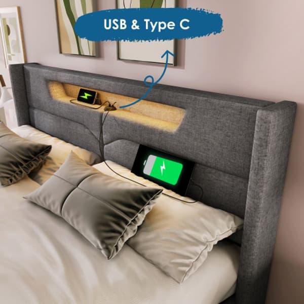 Dubbel LED-säng med USB Type C-laddare och LED-belysning, 140x200 med ribbotten (madrass ingår).