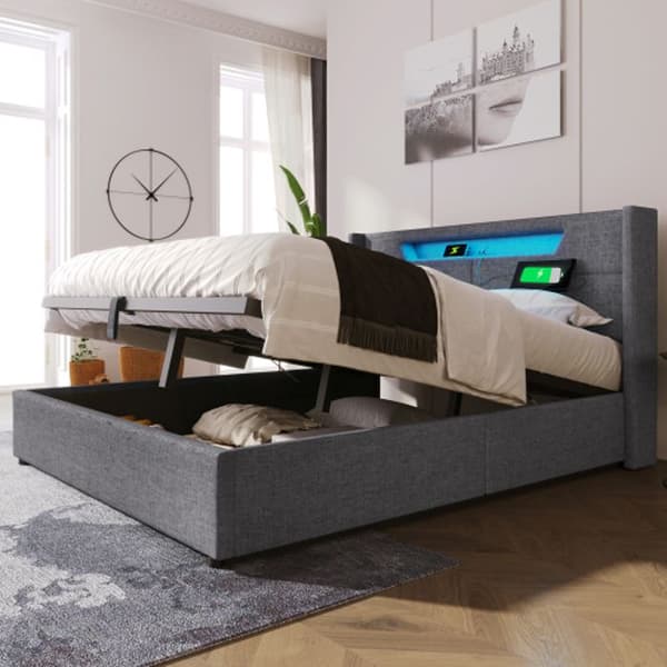 Dubbel LED-säng med USB Type C-laddare och LED-belysning, 140x200 med ribbotten (madrass ingår).