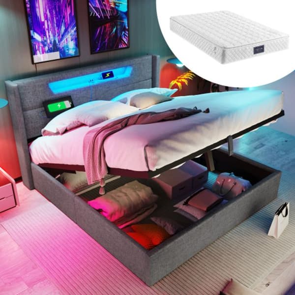 Dubbel LED-säng med USB Type C-laddare och LED-belysning, 140x200 med ribbotten (madrass ingår).
