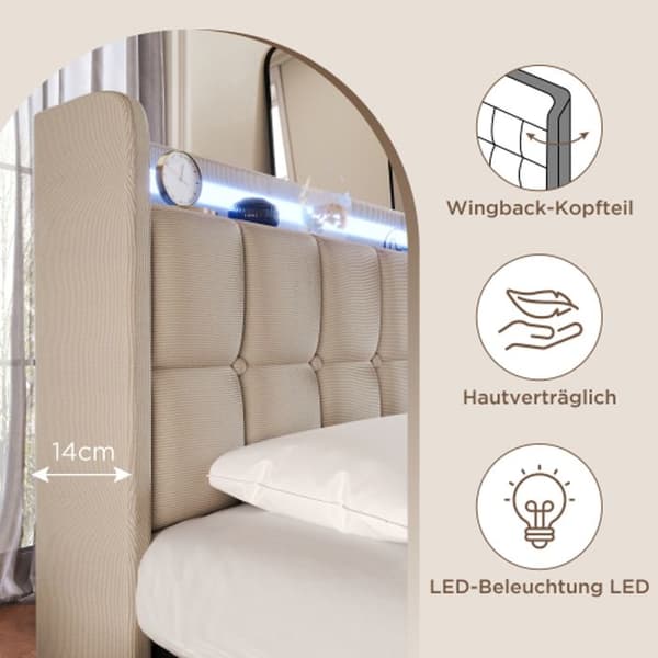Säng med stoppad huvudände, USB-laddning och LED-belysning, 2 lådor, 90x200 cm, beige (med madrass)